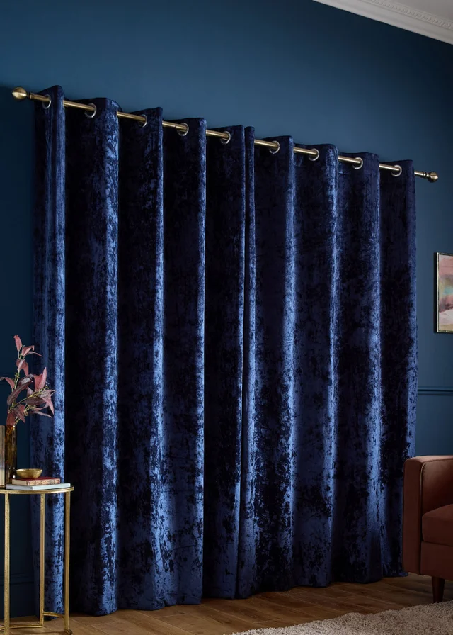 Catherine Lansfield Crushed Velvet Lined Eyelet Curtains Navy Blue