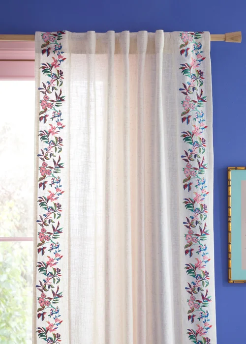 Sophie Robinson Flourish Floral Embroidered Tab Top Voile Curtain Panel Bright - 55W X 90D (140x229cm Image 2