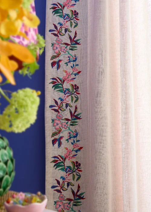 Sophie Robinson Flourish Floral Embroidered Tab Top Voile Curtain Panel Bright - 55W X 90D (140x229cm Image 4
