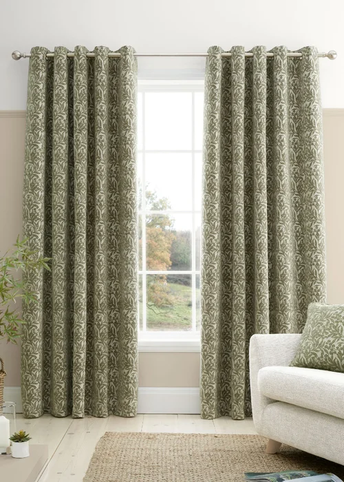 Bianca Fine Linens Chenille Leaves Lined Eyelet Curtains Green - 66W X 90D (168x228cm) Image 1