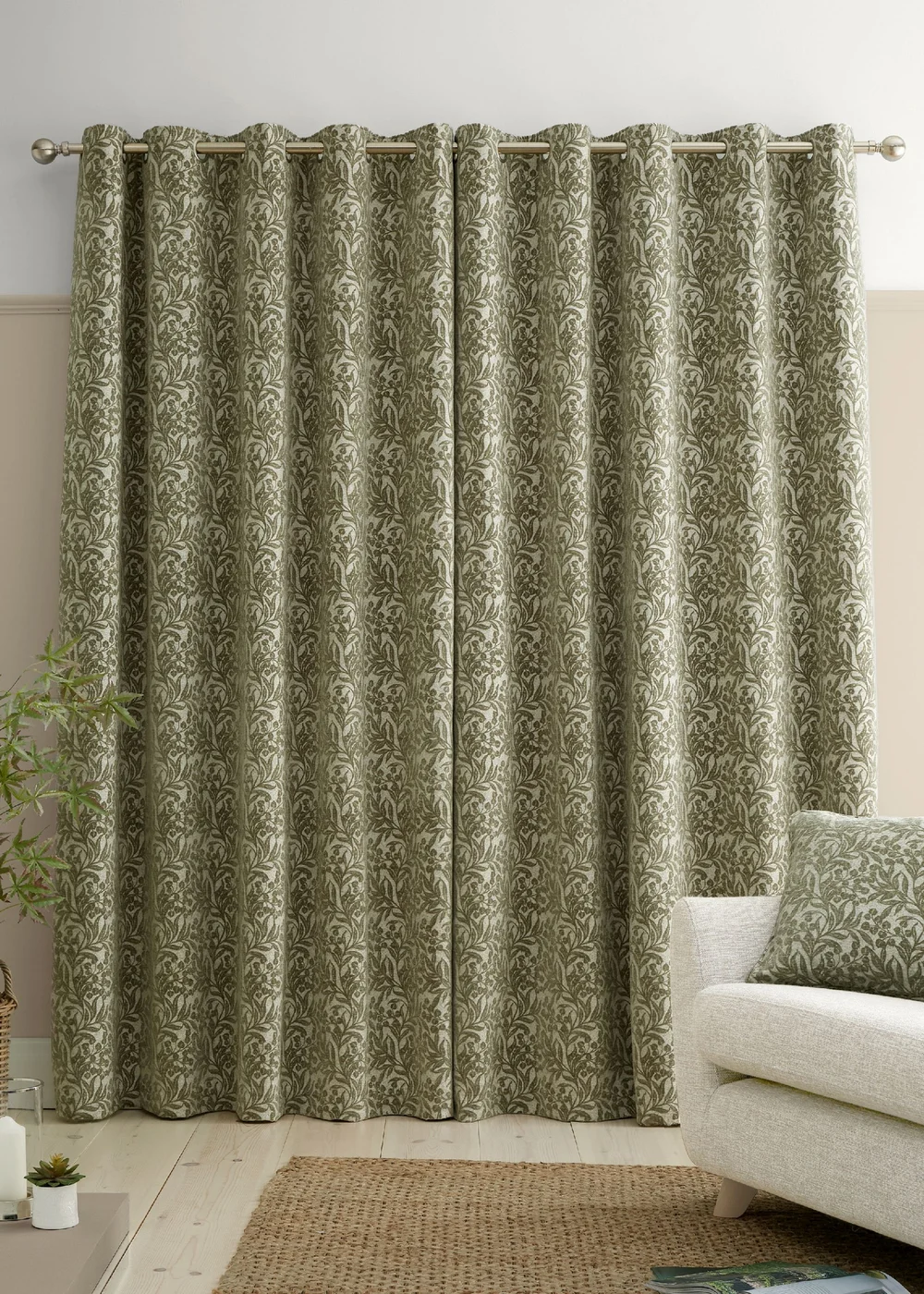 Bianca Fine Linens Chenille Leaves Lined Eyelet Curtains Green - 66W X 90D (168x228cm) Image 2