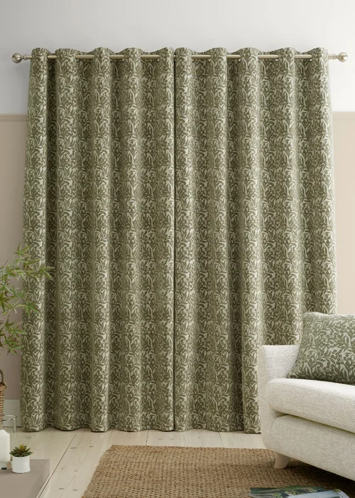 Bianca Fine Linens Chenille Leaves Lined Eyelet Curtains Green - 66W X 90D (168x228cm) Image 2
