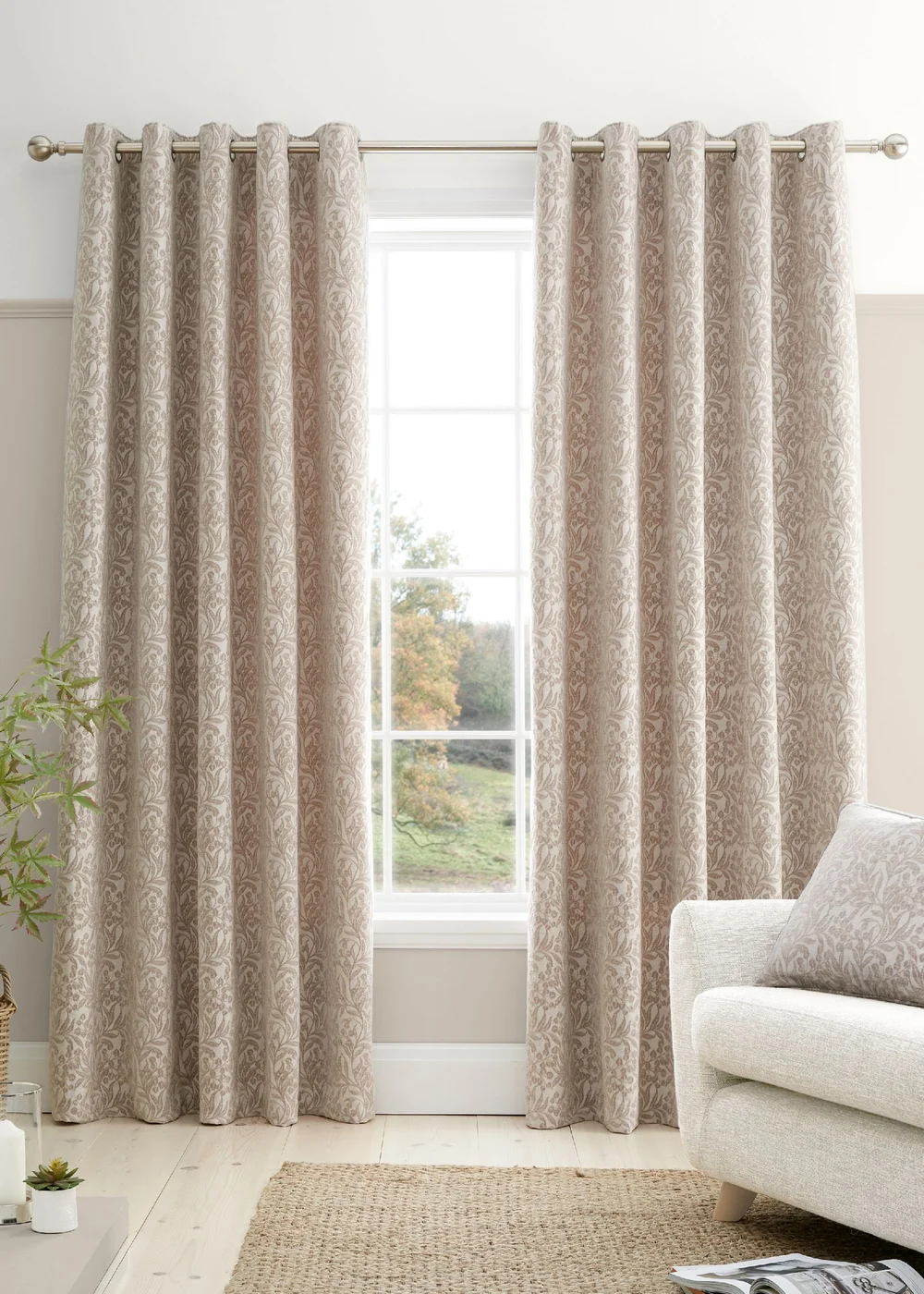 Bianca Fine Linens Chenille Leaves Lined Eyelet Curtains Natural - 66W X 72D (168x183cm) Image 1