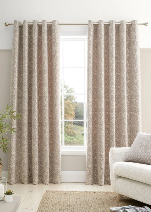 Bianca Fine Linens Chenille Leaves Lined Eyelet Curtains Natural - 66W X 72D (168x183cm) Image 1