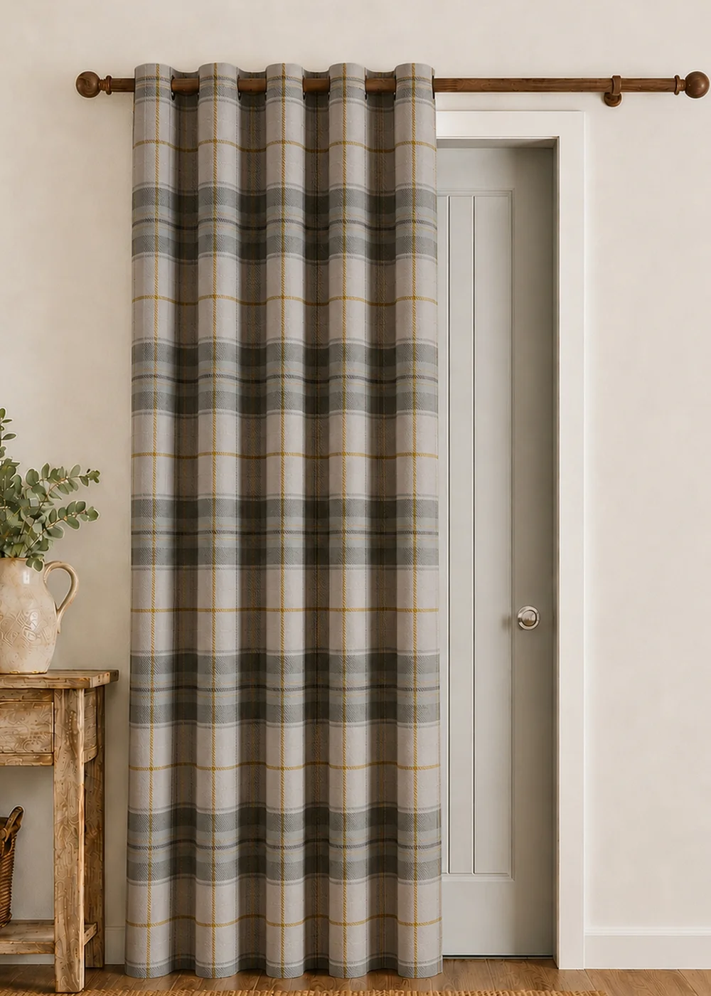 Catherine Lansfield Brushed Woven Glencoe Check Thermal Eyelet Door Panel Green - 66W X 84D (168x213 Image 1