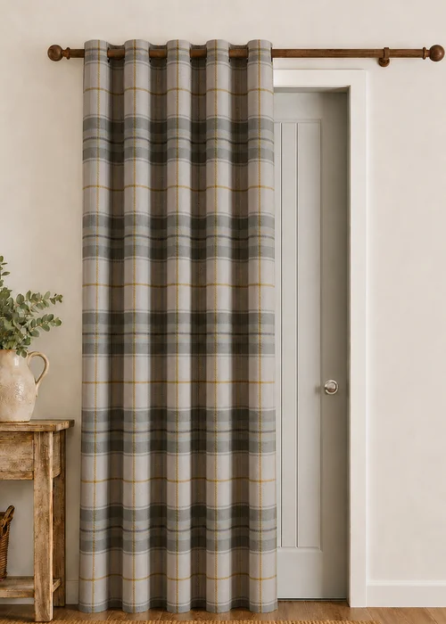 Catherine Lansfield Brushed Woven Glencoe Check Thermal Eyelet Door Panel Green - 66W X 84D (168x213 Image 1