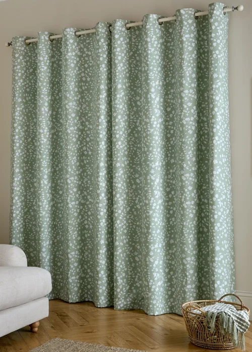 Catherine Lansfield Arla Floral Lined Eyelet Curtains Green - 46W X 54D (117x137cm Image 2