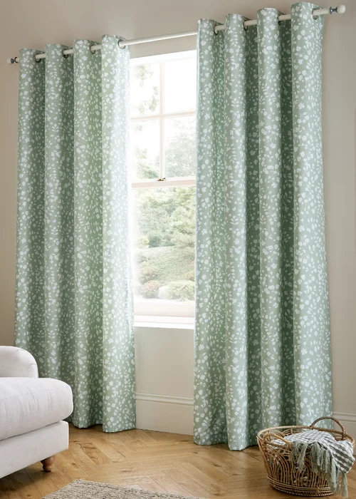 Catherine Lansfield Arla Floral Lined Eyelet Curtains Green - 46W X 54D (117x137cm Image 1
