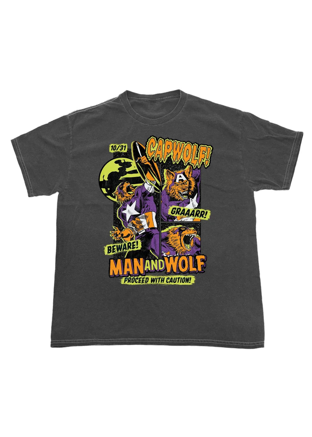 Spiral Galaxy Marvel Cap Wolf Halloween Charcoal Graphic Washed T-Shirt - 3XL Image 1