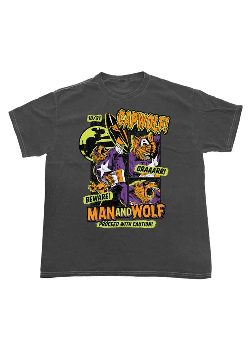 Spiral Galaxy Marvel Cap Wolf Halloween Charcoal Graphic Washed T-Shirt - 3XL Image 1