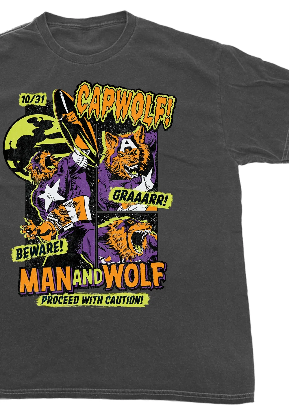 Spiral Galaxy Marvel Cap Wolf Halloween Charcoal Graphic Washed T-Shirt - 3XL Image 2