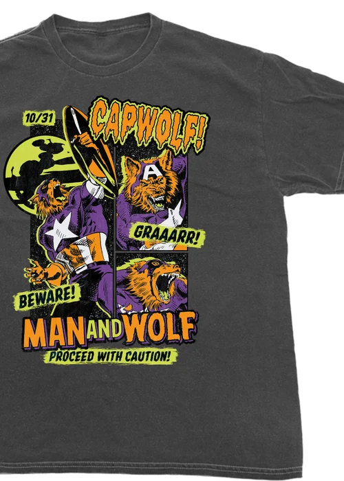 Spiral Galaxy Marvel Cap Wolf Halloween Charcoal Graphic Washed T-Shirt - 3XL Image 2