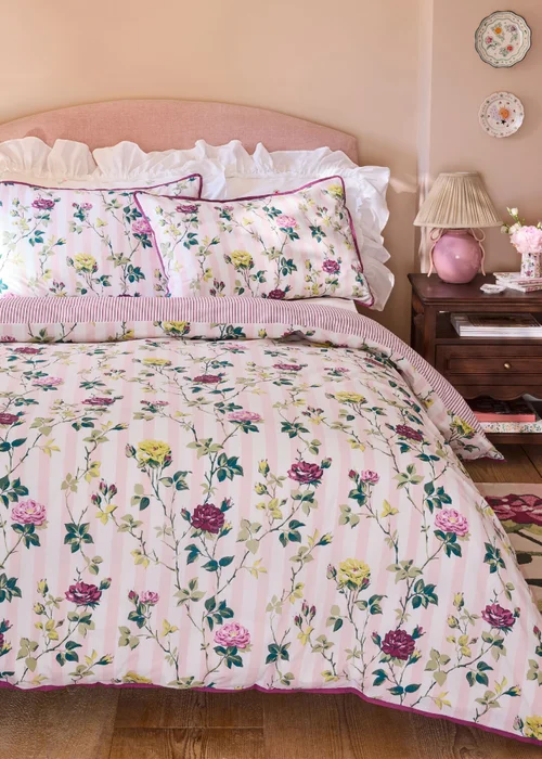 Cath Kidston Climbing Rose Stripe Reversible Cotton Duvet Cover Set Pink - Single Image 1