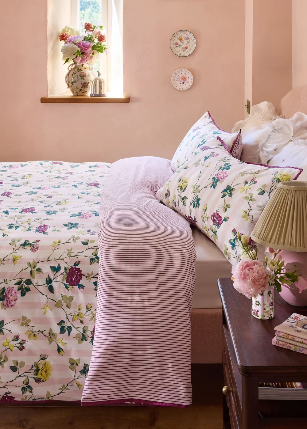 Cath Kidston Climbing Rose Stripe Reversible Cotton Duvet Cover Set Pink - Single Image 2