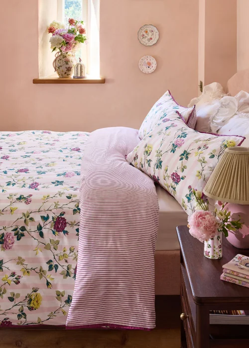 Cath Kidston Climbing Rose Stripe Reversible Cotton Duvet Cover Set Pink - Single Image 2