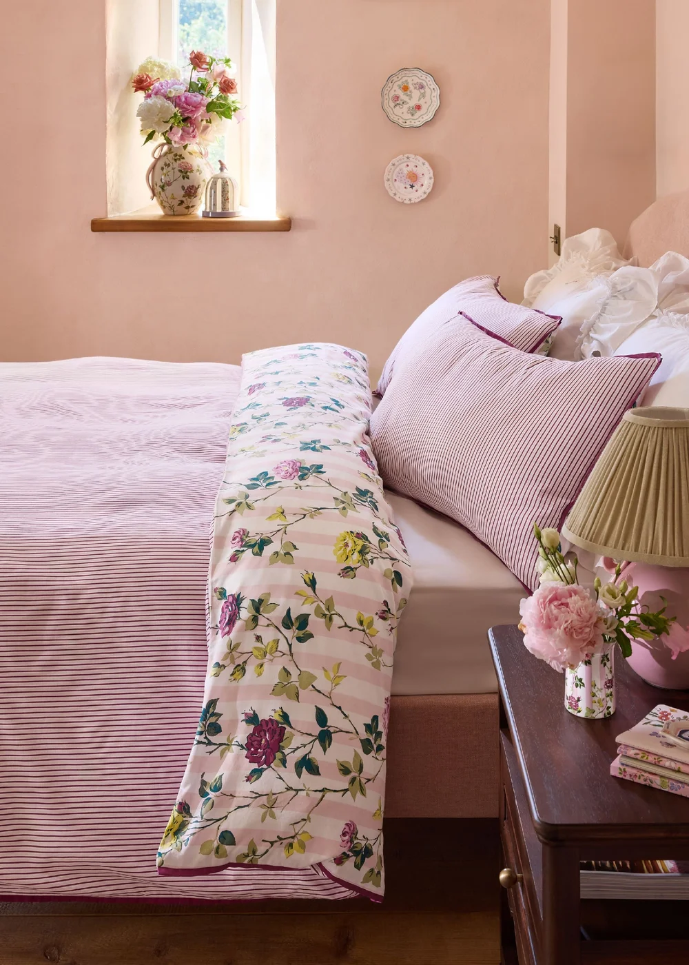 Cath Kidston Climbing Rose Stripe Reversible Cotton Duvet Cover Set Pink - Single Image 3