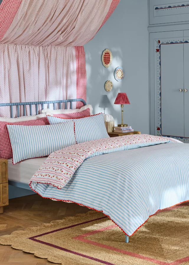 Cath Kidston Treasure Floral Stripe Reversible Cotton Duvet Cover Set Red / Navy