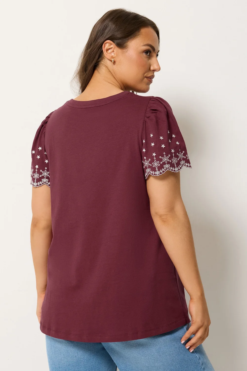 Yours Curve Burgundy Red Embroidered Sleeve T-Shirt - 14 Image 4