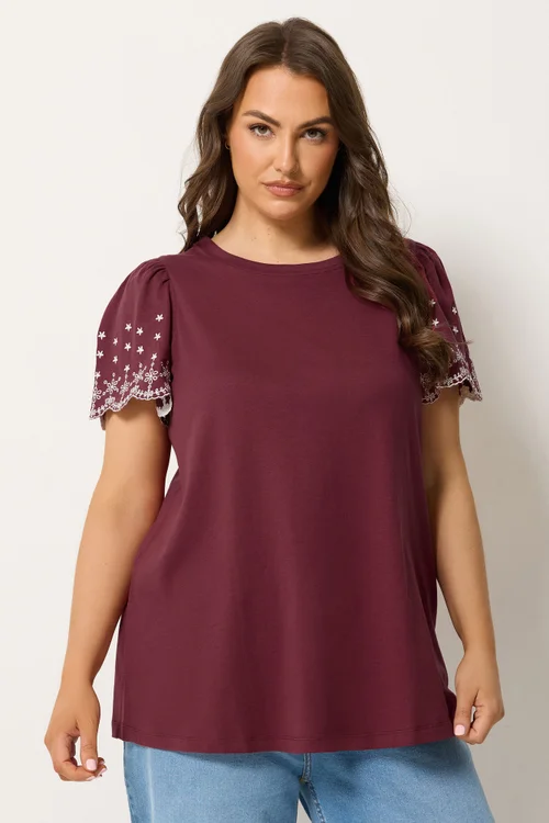 Yours Curve Burgundy Red Embroidered Sleeve T-Shirt - 14 Image 2