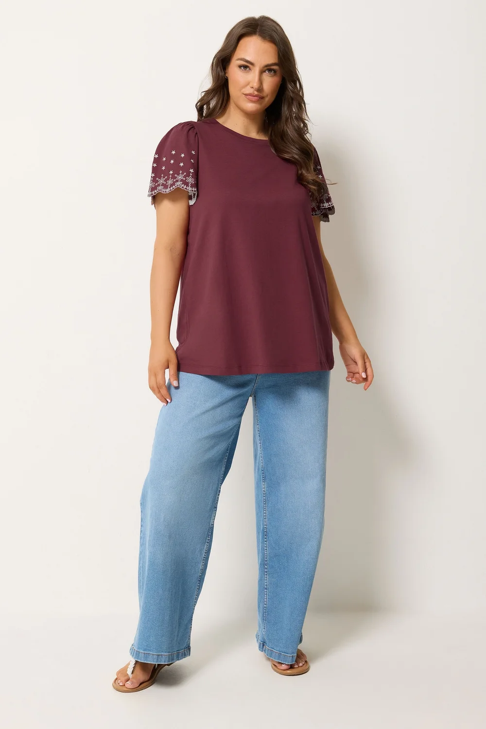 Yours Curve Burgundy Red Embroidered Sleeve T-Shirt - 14 Image 3