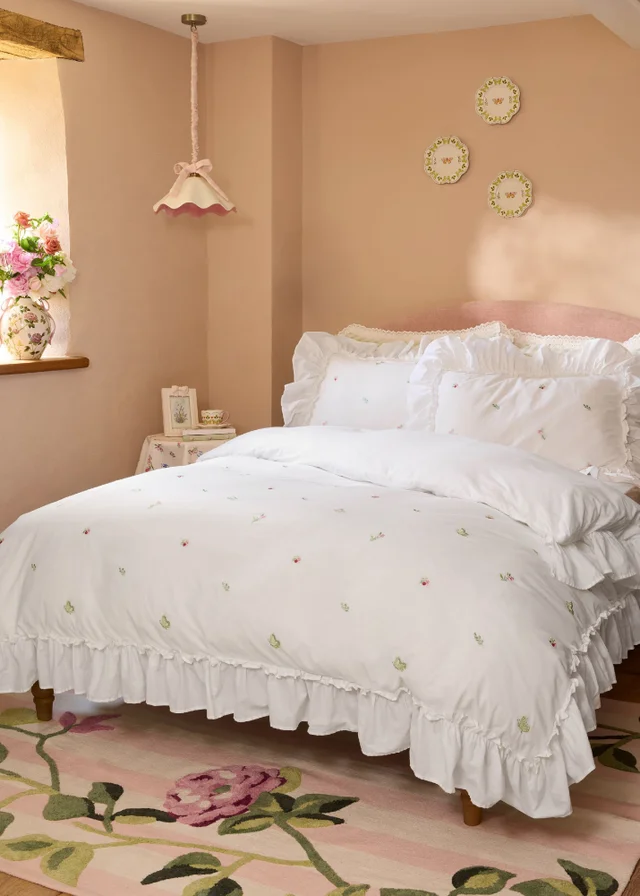 Cath Kidston Tiny Floral Embroidered Frill Cotton Duvet Cover Set White