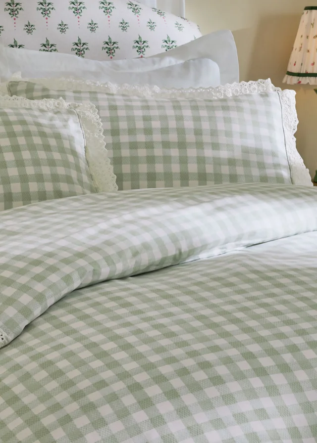 Cath Kidston Painted Gingham Lace Reversible Cotton Duvet Cover Set Green