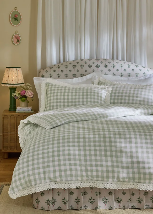 Cath Kidston Painted Gingham Lace Reversible Cotton Duvet Cover Set Green
