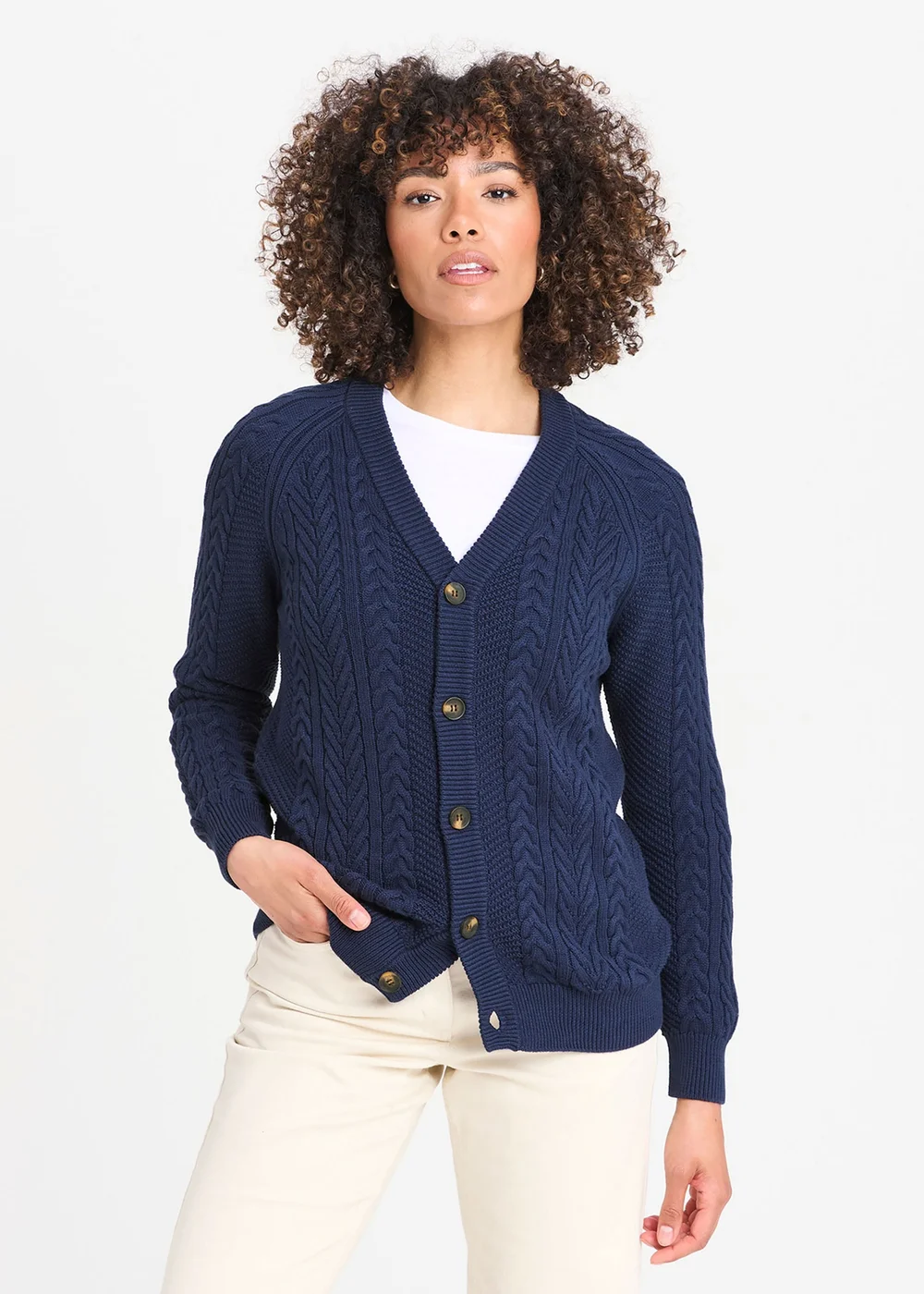 Cotton Traders Dark Sky Cotton Textured Cable Button Through Cardigan - 2XL Image 1