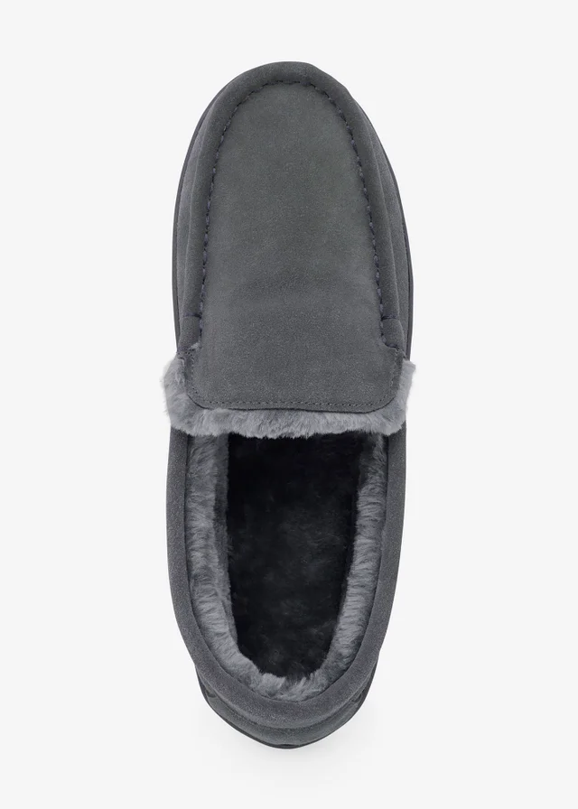 Cotton Traders Grey Faux Fur Lined Moccasin Slippers