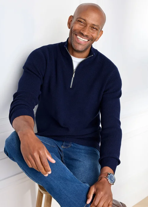 Cotton Traders Ink Rib Knit Zip Neck Jumper - L Image 1