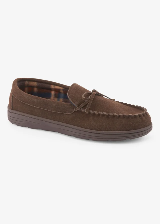 Cotton Traders Brown Suede Check-Lined Moccasin Slippers