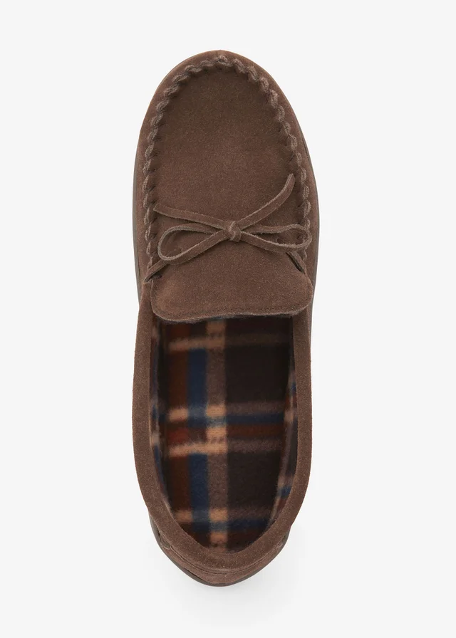 Cotton Traders Brown Suede Check-Lined Moccasin Slippers