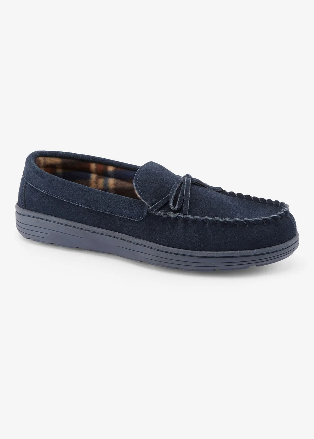 Cotton Traders Navy Suede Check-Lined Moccasin Slippers - 7 Image 1