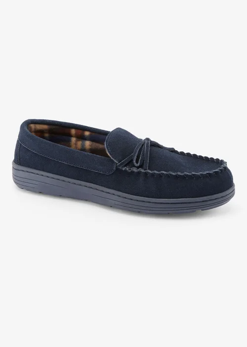 Cotton Traders Navy Suede Check-Lined Moccasin Slippers - 7 Image 1