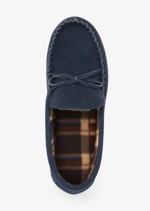 Cotton Traders Navy Suede Check-Lined Moccasin Slippers - 7 Image 2