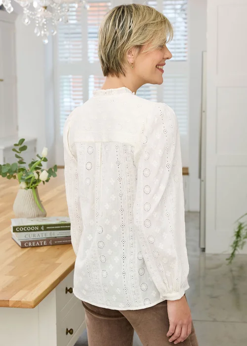 Cotton Traders Cream Frill Neck Broiderie Blouse - 10 Image 3