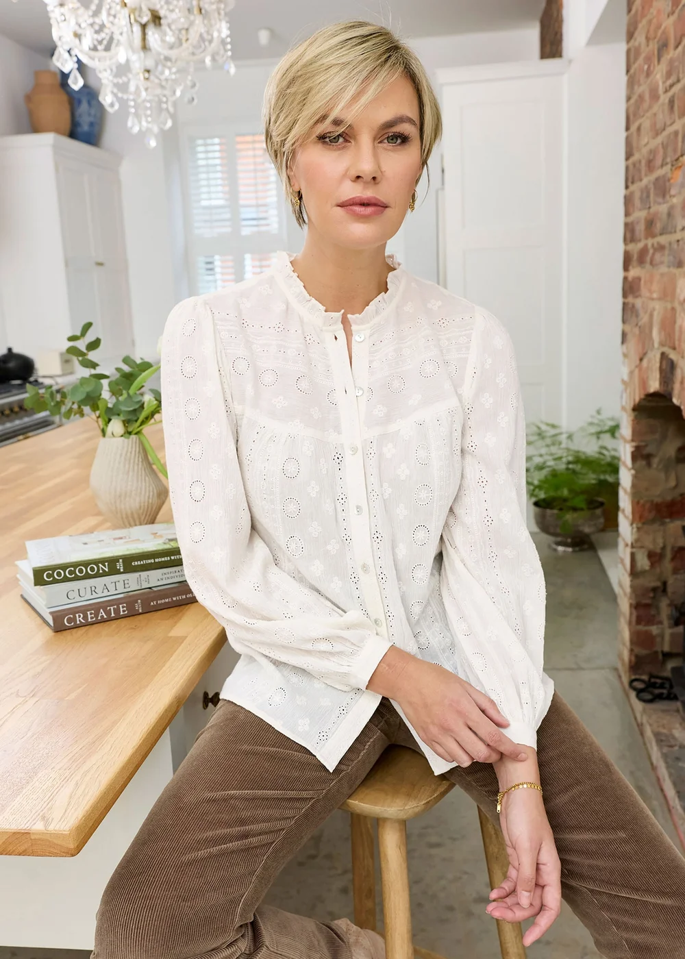 Cotton Traders Cream Frill Neck Broiderie Blouse - 10 Image 2