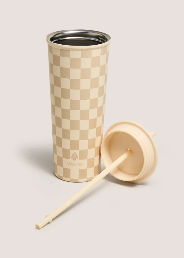 Cream Check Straw Tumbler Bottle