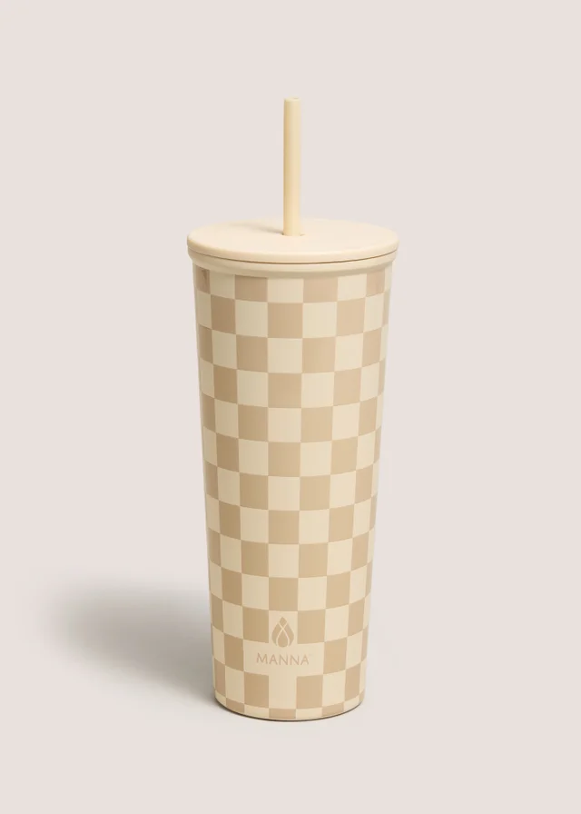 Cream Check Straw Tumbler Bottle