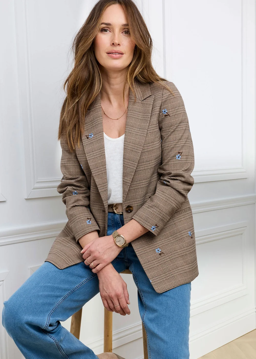 Cotton Traders Dark Brown Embroidered Check Jacket - 14 Image 1