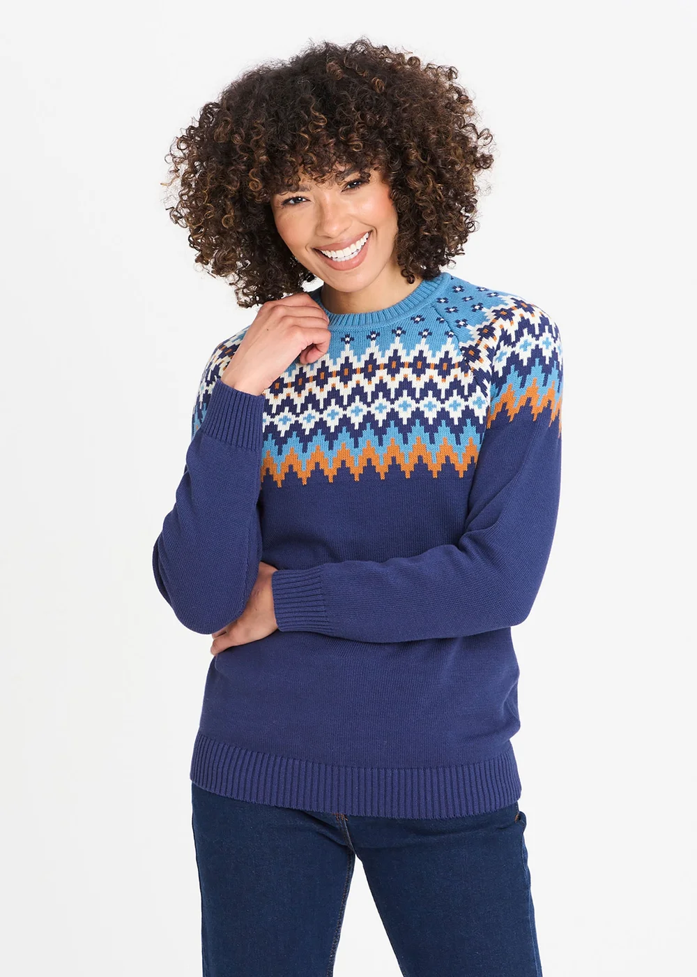 Cotton Traders Marine Cotton Fair Isle Crew Neck Jumper - 3XL Image 1