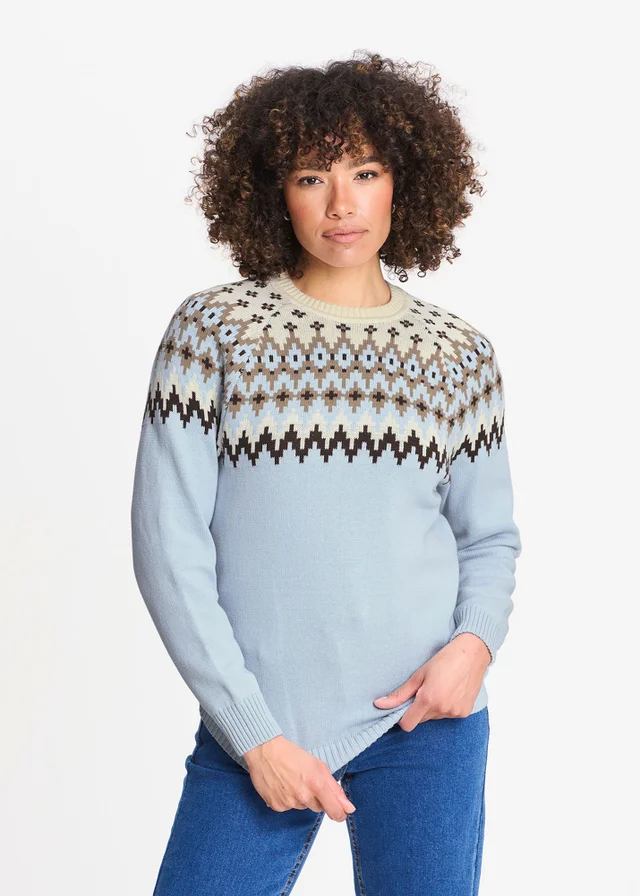 Cotton Traders Blue Sky Cotton Fair Isle Crew Neck Jumper