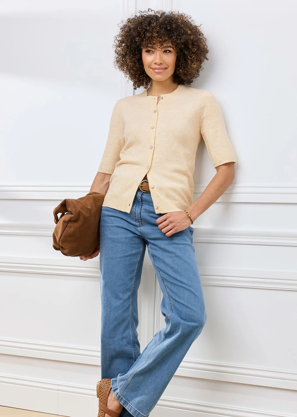 Cotton Traders Parchment Fine Knit Short Sleeve Cardigan - 8 Image 1