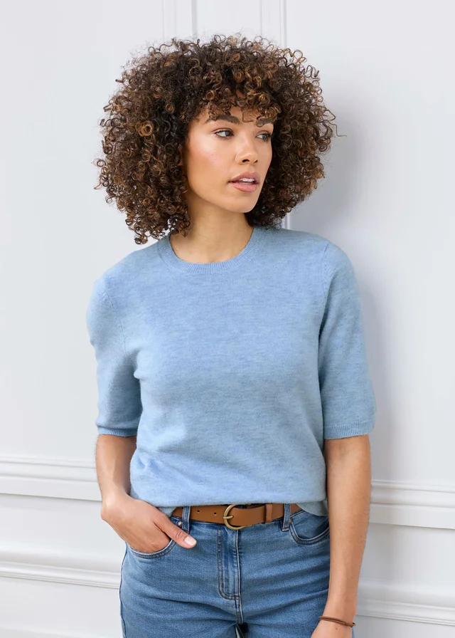 Cotton Traders Sky Blue Fine Knit Short Sleeved Jumper