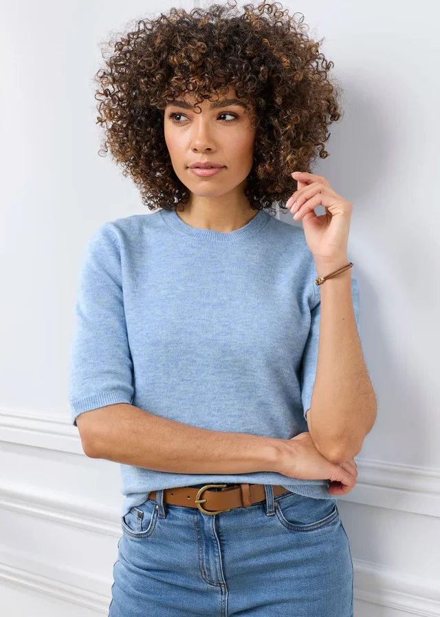Cotton Traders Sky Blue Fine Knit Short Sleeved Jumper