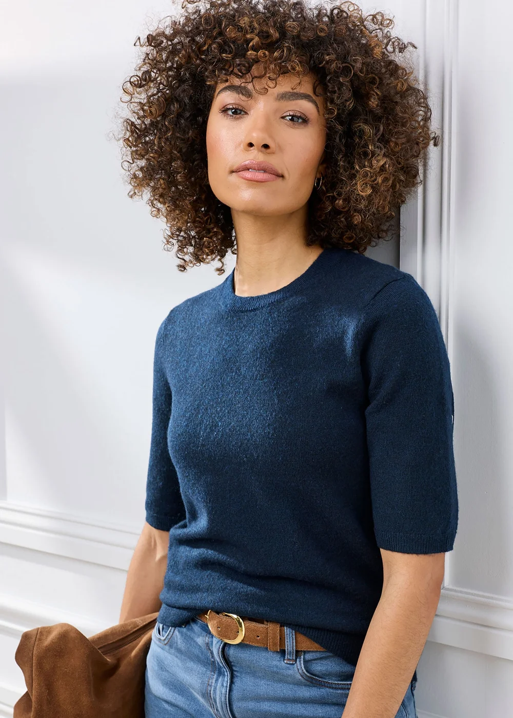 Cotton Traders Navy Fine Knit Short Sleeved Jumper - 20 Image 2