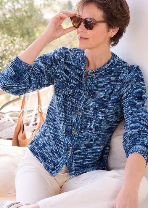 Cotton Traders Navy Chenille Crew Neck Cardigan - 26 Image 1
