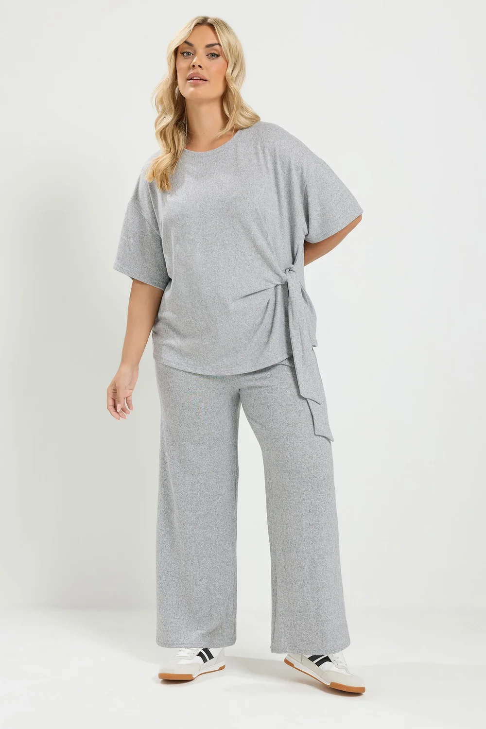 Yours Curve Grey Tie Waist Soft Touch Trouser Set - 30-32 Image 1