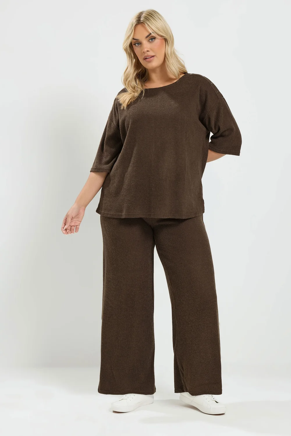 Yours Curve Chocolate Brown Ribbed Wide Leg Trouser Set - 20 Image 2