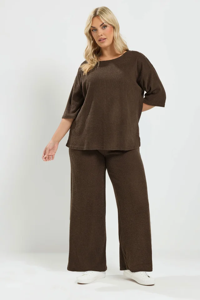 Yours Curve Chocolate Brown Ribbed Wide Leg Trouser Set